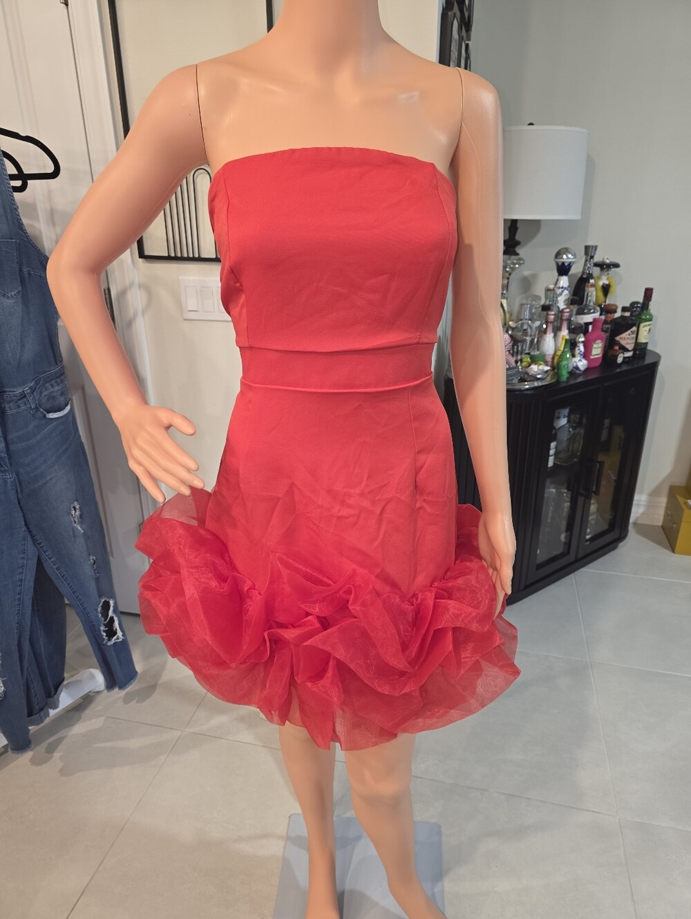 Strapless Red Cocktail Dress with Ruffled Organza Hem